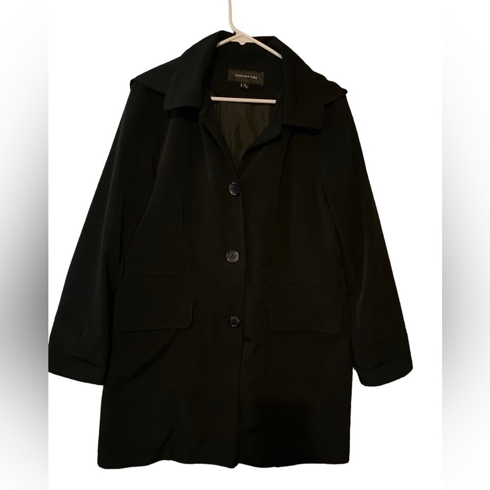 SIZE M JONES NEW YORK BLACK ZIP FRONT COAT WITH HOOD